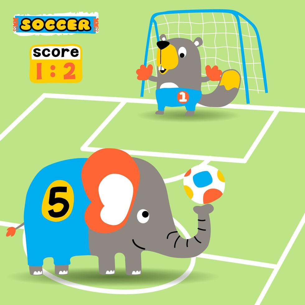 mignonne l'éléphant avec castor en jouant football, vecteur dessin animé illustration