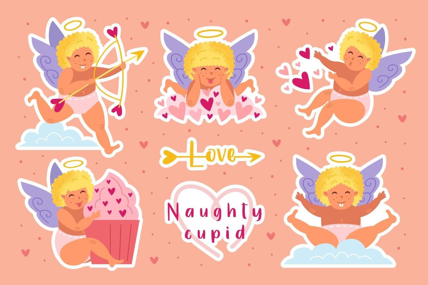 cupidons drôles aux cheveux blonds et halo. clipart, ensemble d'éléments, autocollants. ange, chérubin, enfant, garçon, nouveau-né. amour, relation, mariage. La saint Valentin. vecteur