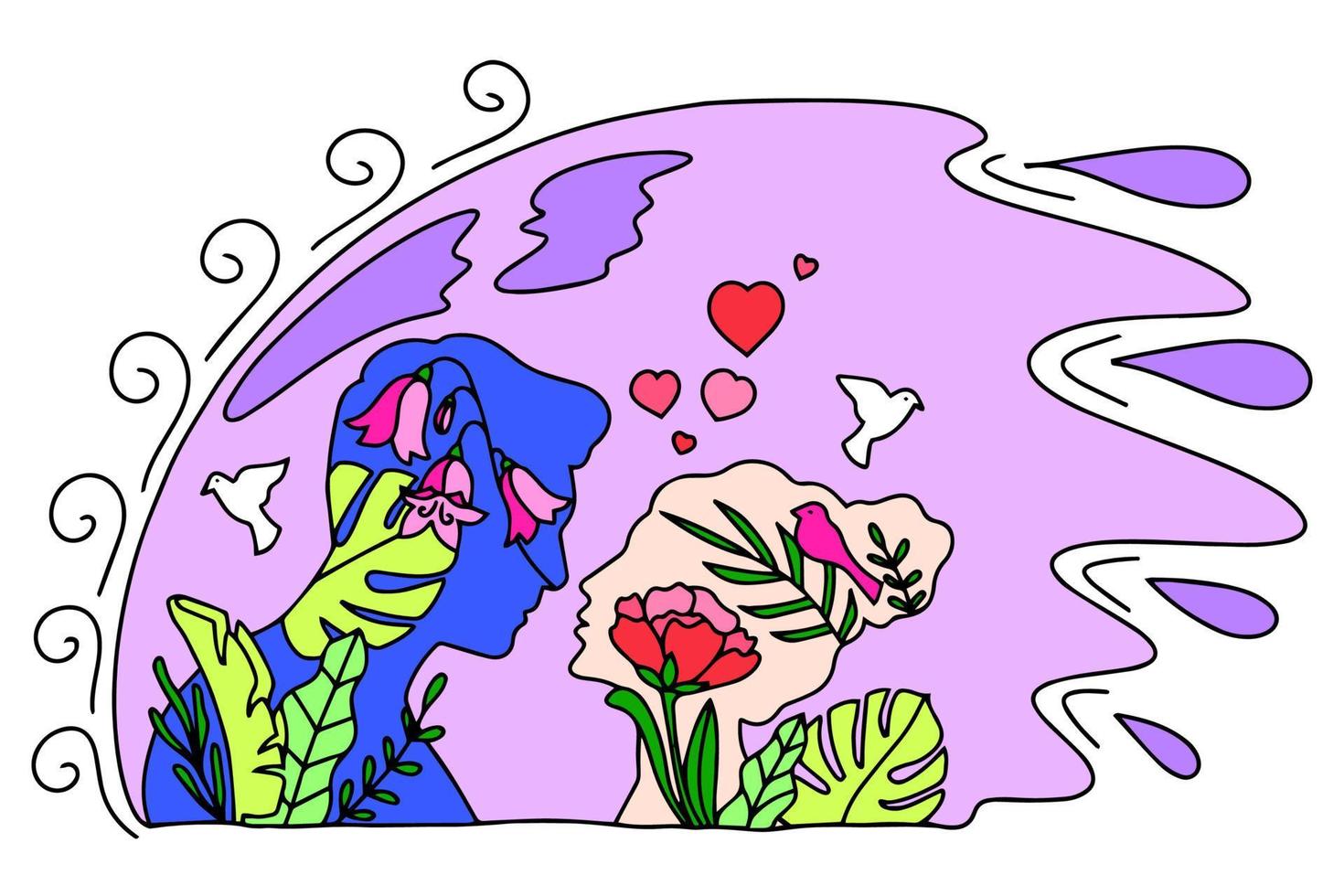 silhouette de une embrasser couple de fleurs et des oiseaux. toutes nos félicitations sur la Saint-Valentin journée et Mars 8e. cette est une vecteur image dans le style de une bande dessinée livre