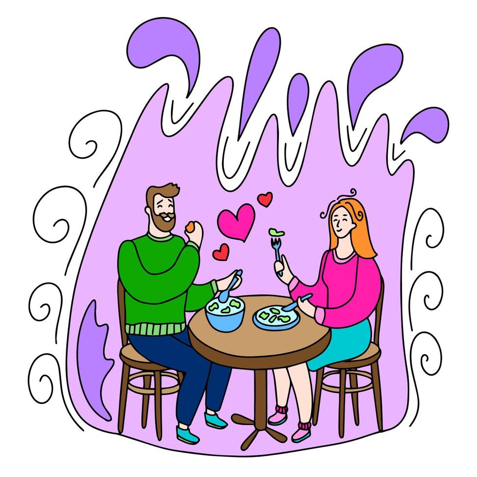 une couple dans l'amour est séance à une table et alimentaire. cette est une vecteur image dans le style de une bande dessinée livre