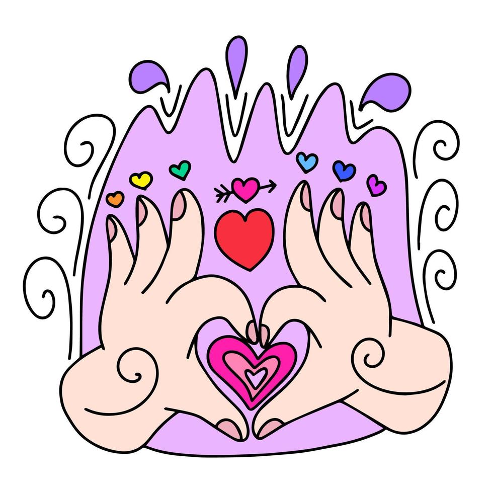 le mains sont plié dans une cœur. là est une multicolore cœur au dessus chaque doigt. toutes nos félicitations sur la Saint-Valentin journée. cette est une vecteur image dans le style de une bande dessinée livre