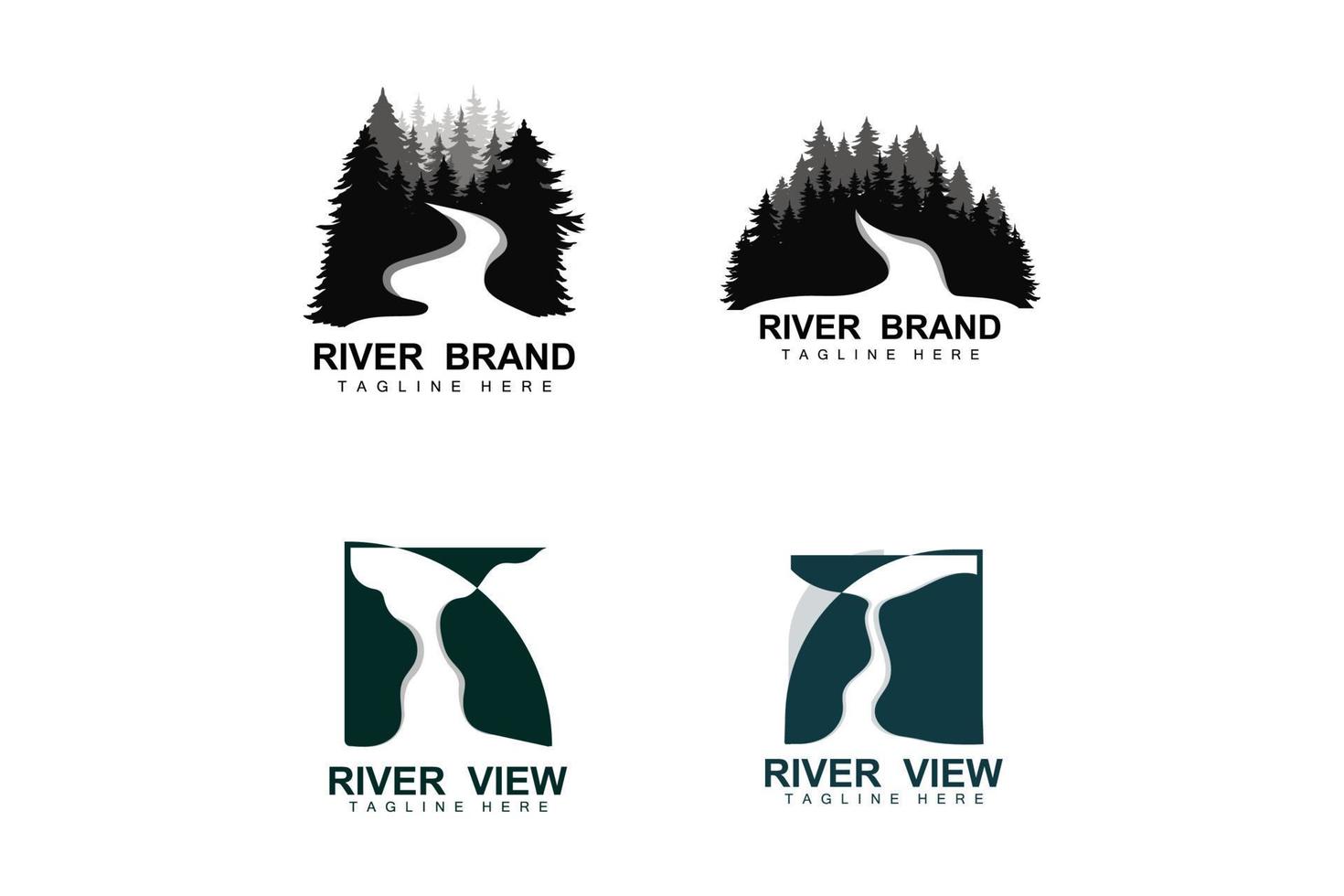 création de logo de rivière, vecteur de ruisseau de rivière, illustration au bord de la rivière avec une combinaison de montagnes et de nature, marque de produit