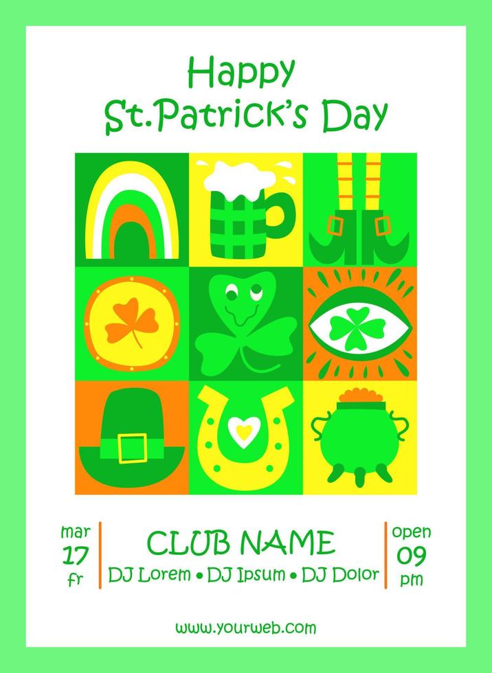 st patrick's journée invitation ou affiche. trippant style. irlandais symboles de le vacances. 17 mars. génial pour carte, bannière, imprimer, arrière-plan, prospectus, de fête décor. branché y2k rétro hippie imprimer. plat vecteur