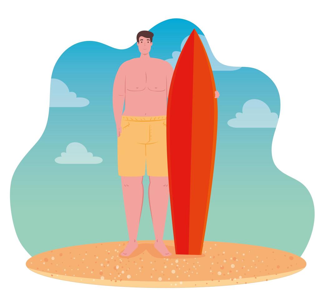 homme avec planche de surf à la plage, saison des vacances d'été vecteur