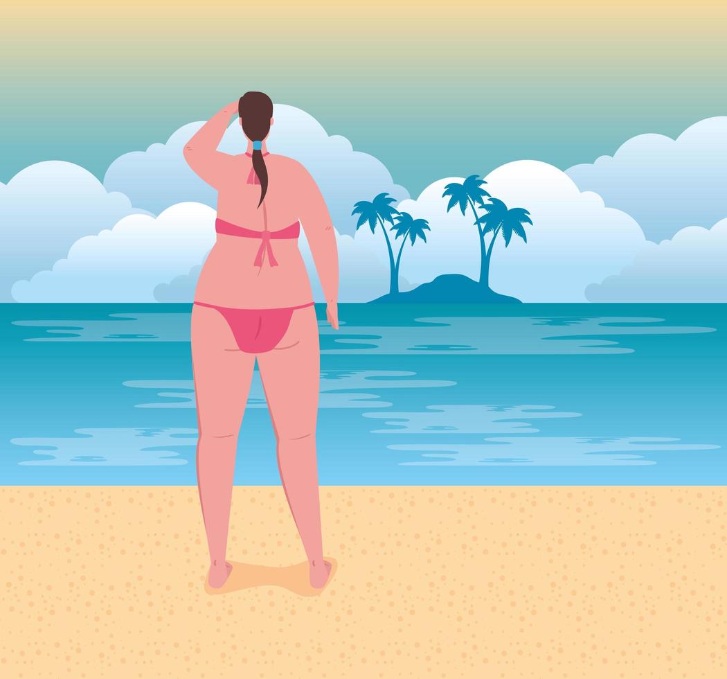jolie femme en maillot de bain sur la plage, saison des vacances d'été vecteur