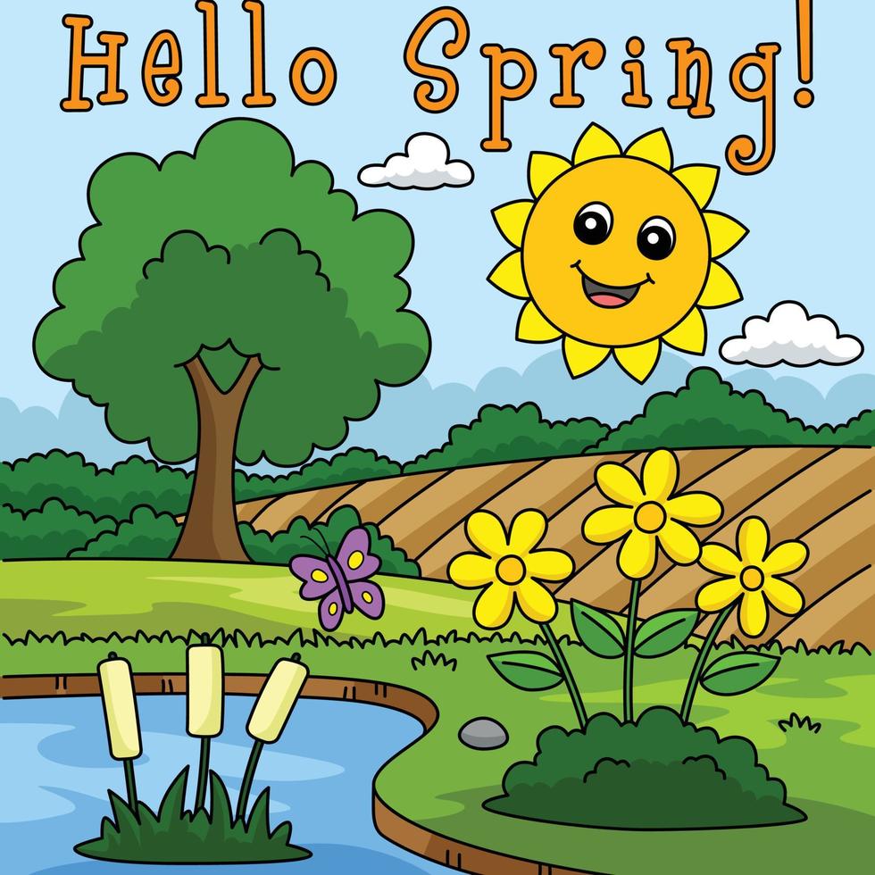 Bonjour printemps souriant Soleil coloré dessin animé vecteur