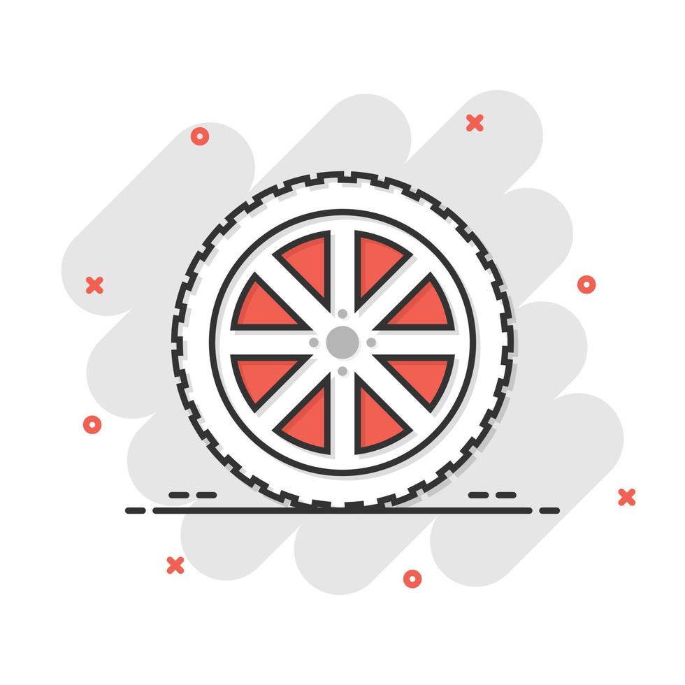 icône de roue de voiture dans le style comique. illustration vectorielle de dessin animé de pièce de véhicule sur fond blanc isolé. concept d'entreprise d'effet d'éclaboussure de pneu. vecteur