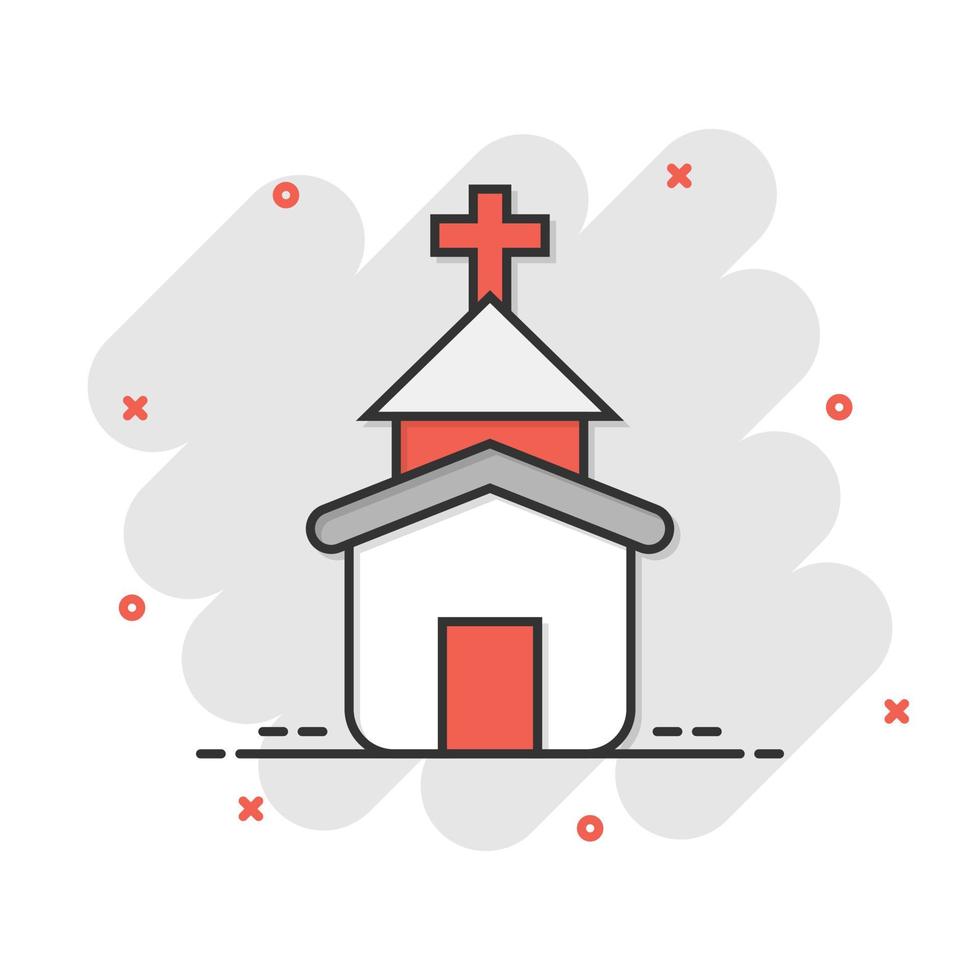 icône de l'église dans le style comique. illustration de dessin animé de vecteur de chapelle sur fond blanc isolé. effet d'éclaboussure de concept d'entreprise de bâtiment religieux.