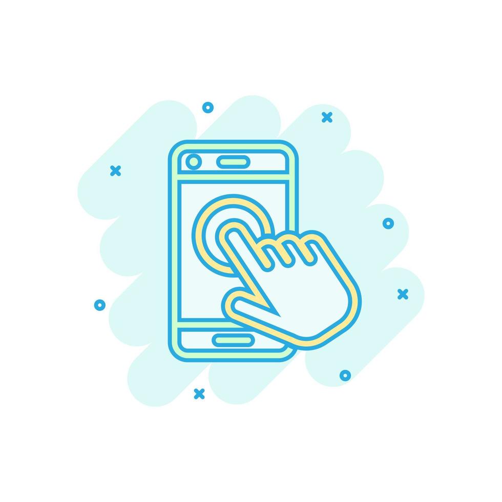 main touchez l'icône du smartphone dans le style comique. illustration de dessin animé de vecteur de doigt de téléphone sur fond blanc isolé. effet d'éclaboussure du concept d'entreprise de l'écran tactile du curseur.