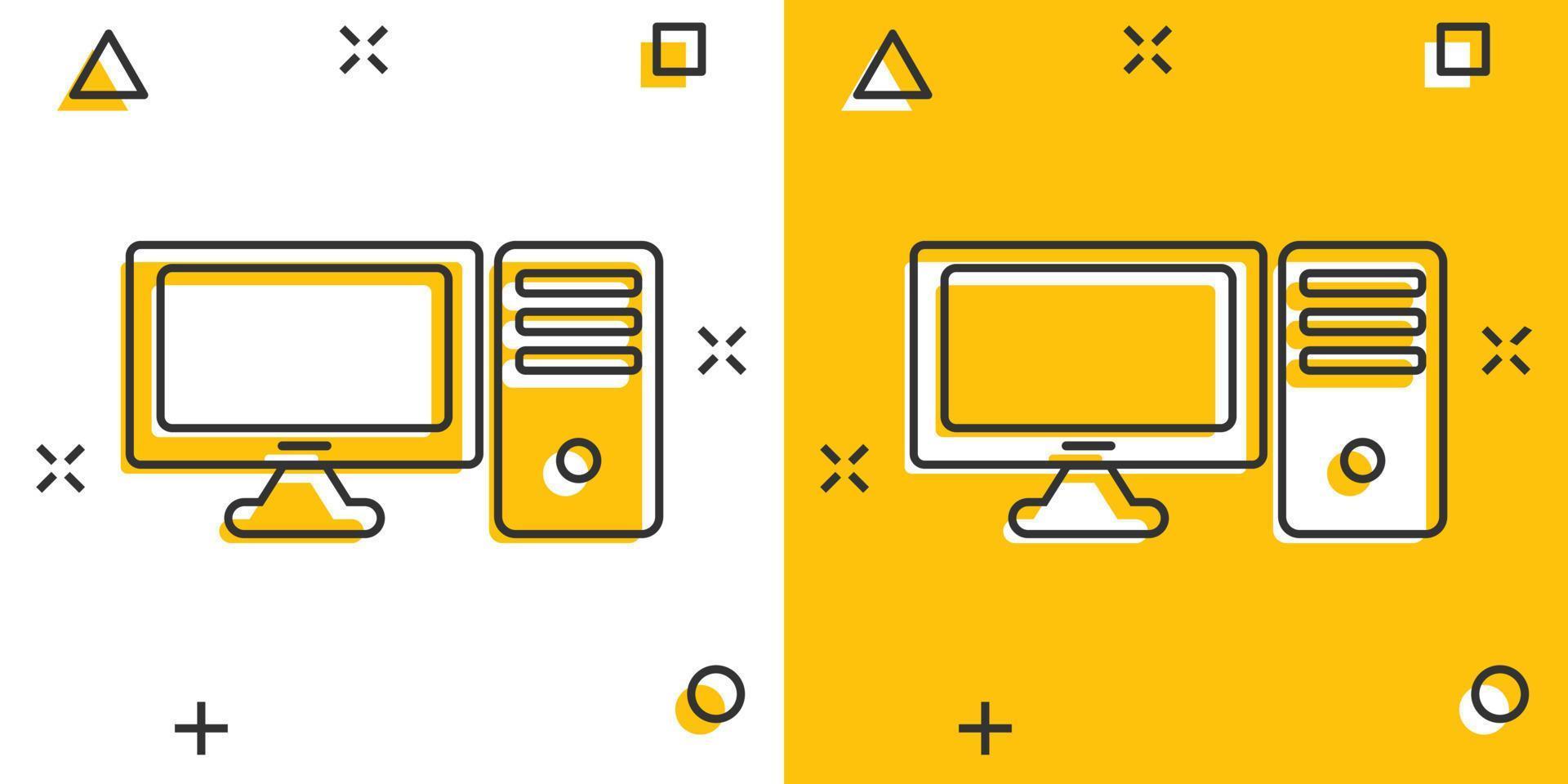 icône d'ordinateur pc dans le style comique. illustration de vecteur de dessin animé de bureau sur fond blanc isolé. concept d'entreprise d'effet d'éclaboussure de moniteur de périphérique.