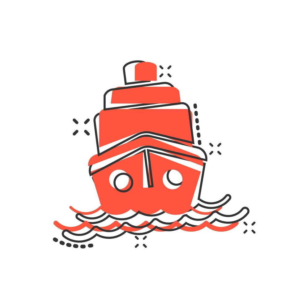 icône de signe de croisière de bateau dans le style comique. illustration de dessin animé de vecteur de bateau cargo sur fond blanc isolé. effet d'éclaboussure de concept d'entreprise de navire.