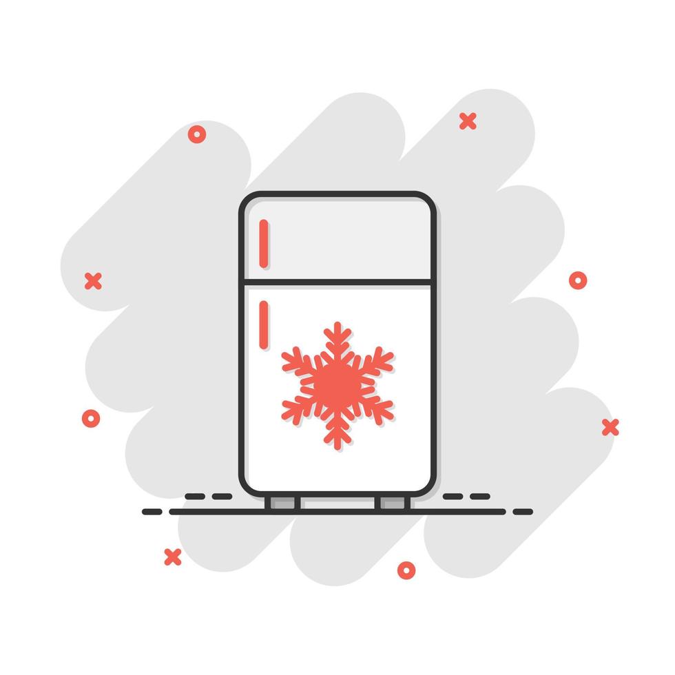 réfrigérateur réfrigérateur icône dans le style comique. pictogramme d'illustration de dessin animé de vecteur de conteneur de congélateur. effet d'éclaboussure de concept d'entreprise de réfrigérateur.