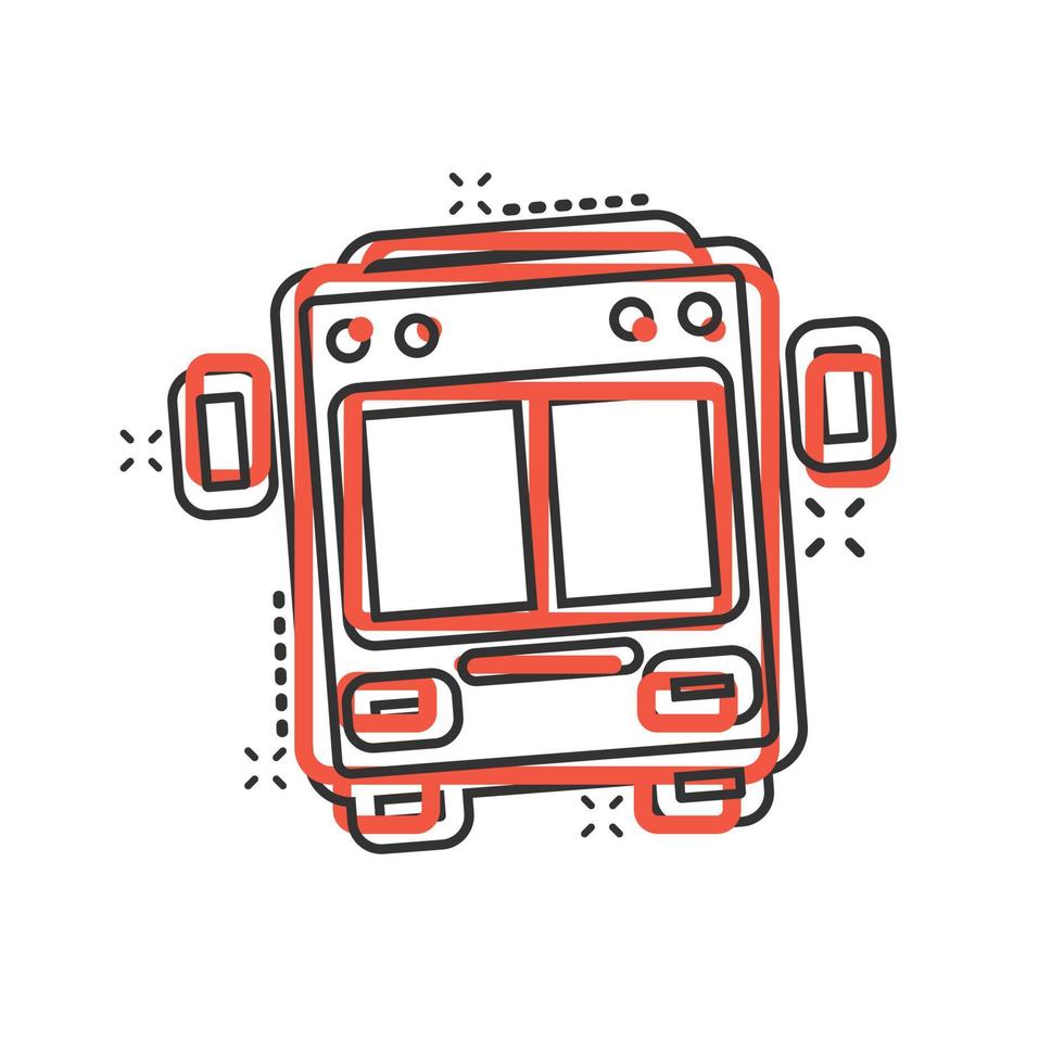 icône de bus dans le style comique. illustration vectorielle de dessin animé de voiture d'entraîneur sur fond blanc isolé. concept d'entreprise d'effet d'éclaboussure d'autobus. vecteur