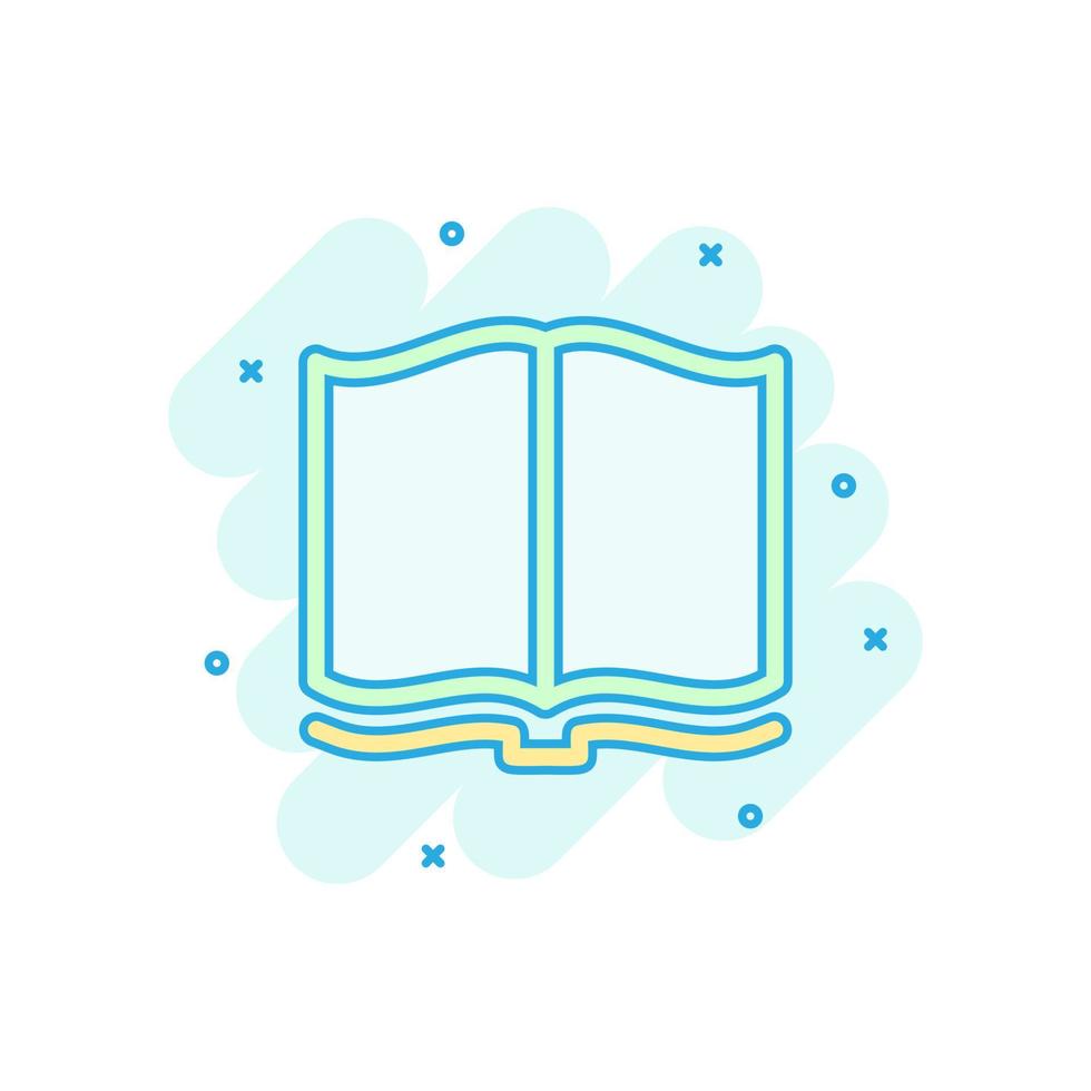 icône de livre ouvert dans le style comique. illustration de dessin animé de vecteur de littérature sur fond blanc isolé. effet d'éclaboussure de concept d'entreprise de bibliothèque.