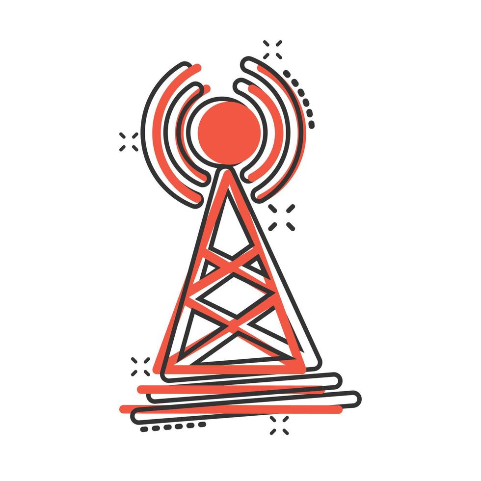 icône de tour d'antenne dans le style comique. illustration de vecteur de dessin animé de diffusion sur fond blanc isolé. concept d'entreprise d'effet d'éclaboussure wifi.