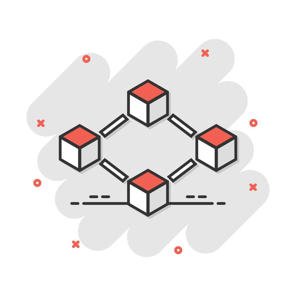 icône de technologie blockchain de dessin animé de vecteur dans le style comique. pictogramme d'illustration de concept de bloc de cube de cryptographie. concept d'effet d'éclaboussure d'entreprise d'algorithme de blockchain.