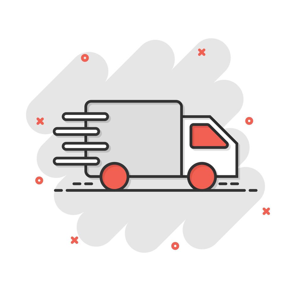 icône de signe de camion de livraison dans le style comique. illustration de dessin animé de van vector sur fond blanc isolé. effet d'éclaboussure du concept d'entreprise de voiture de fret.
