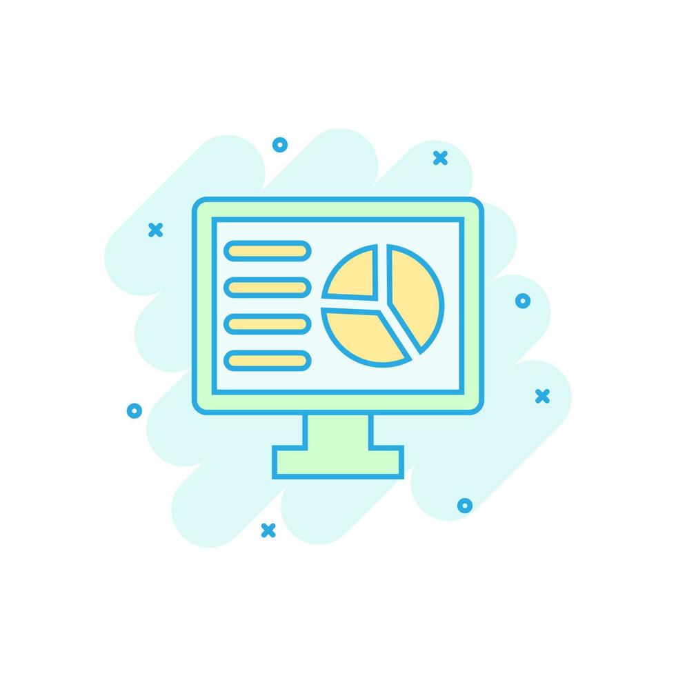 icône de moniteur analytique dans le style comique. illustration de dessin animé de vecteur de diagramme sur fond blanc isolé. effet d'éclaboussure de concept d'entreprise statistique.