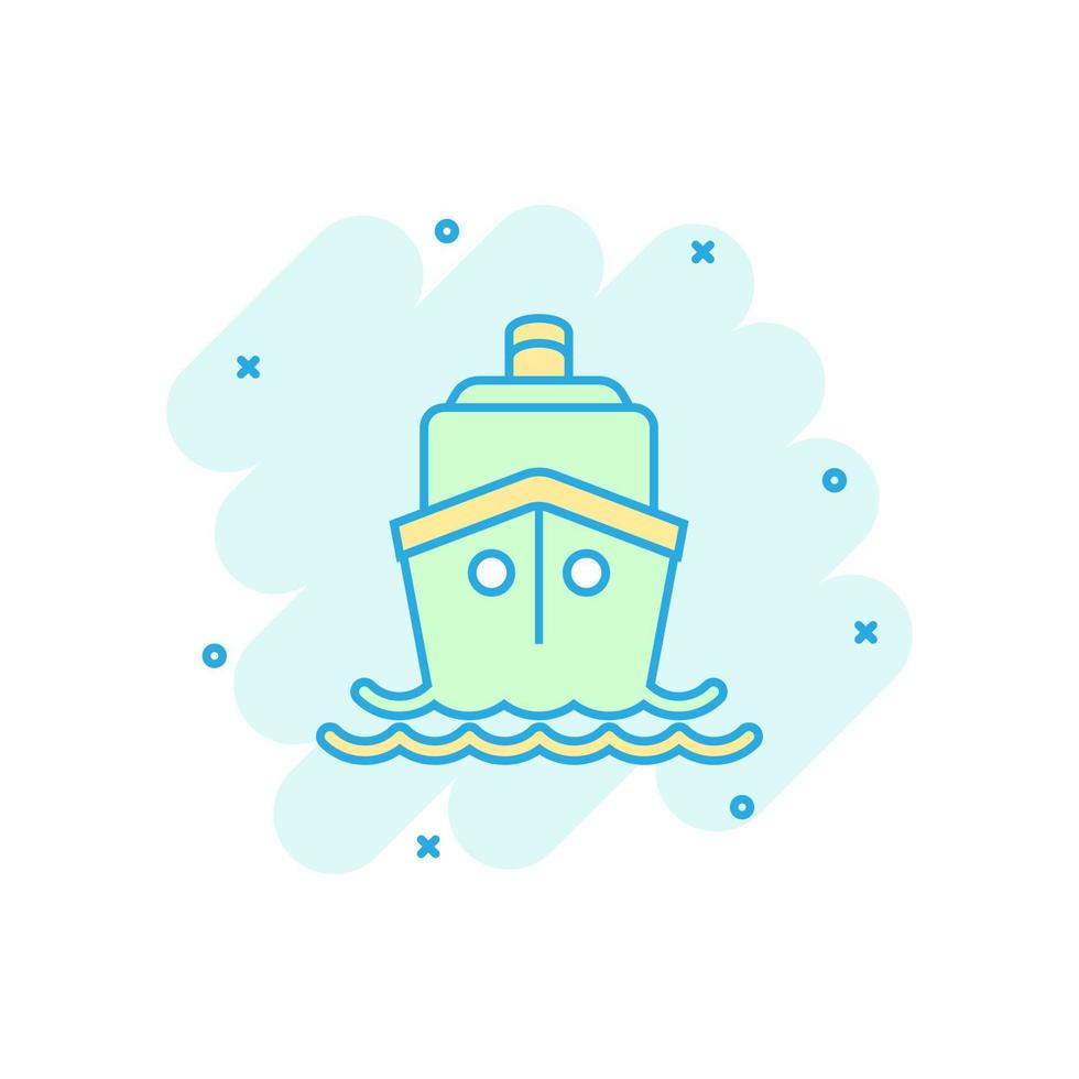 icône de signe de croisière de bateau dans le style comique. illustration de dessin animé de vecteur de bateau cargo sur fond blanc isolé. effet d'éclaboussure de concept d'entreprise de navire.