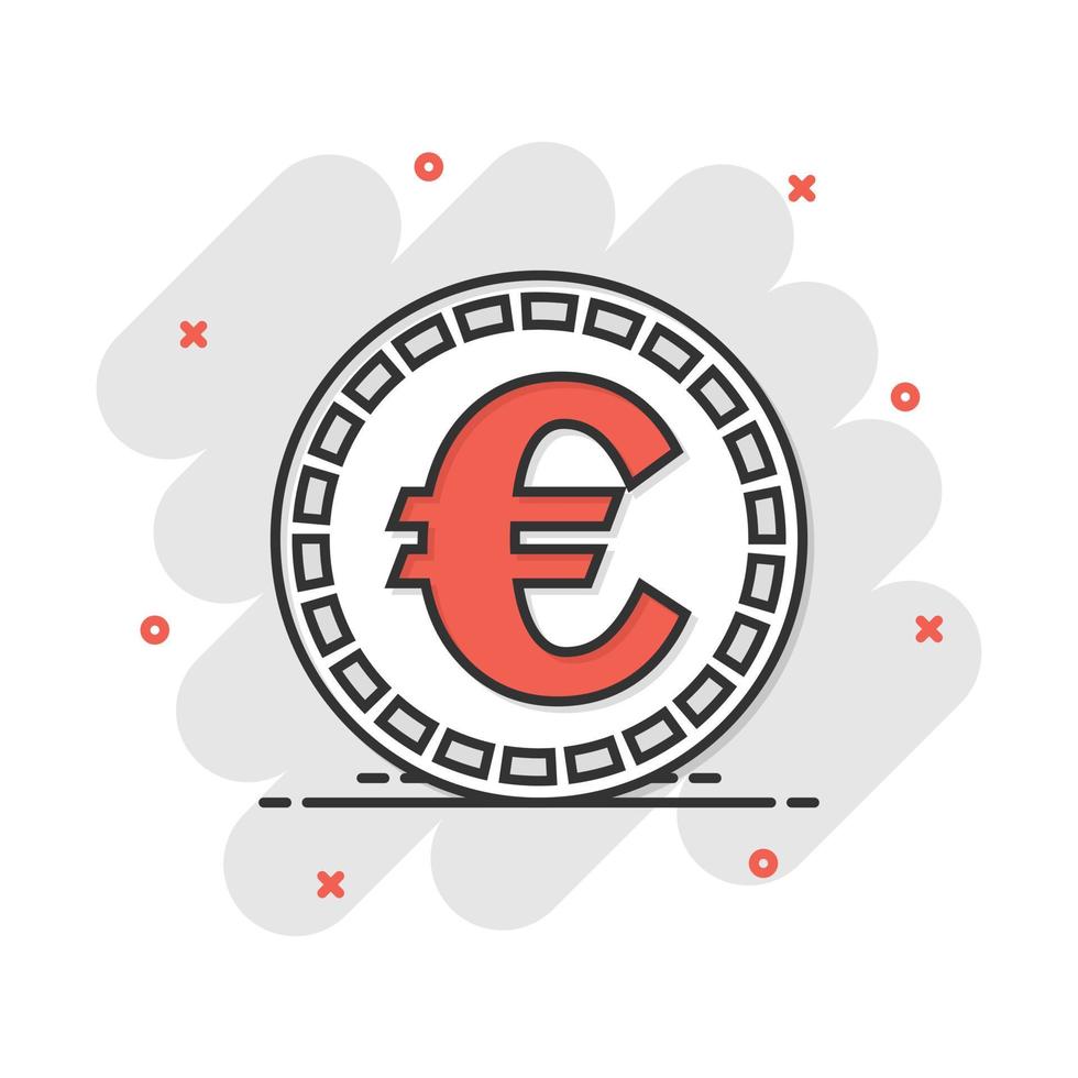 icône de pièces en euros de dessin animé de vecteur dans le style comique. pictogramme d'illustration de signe de pièce d'argent. concept d'effet d'éclaboussure d'entreprise en espèces en euros.