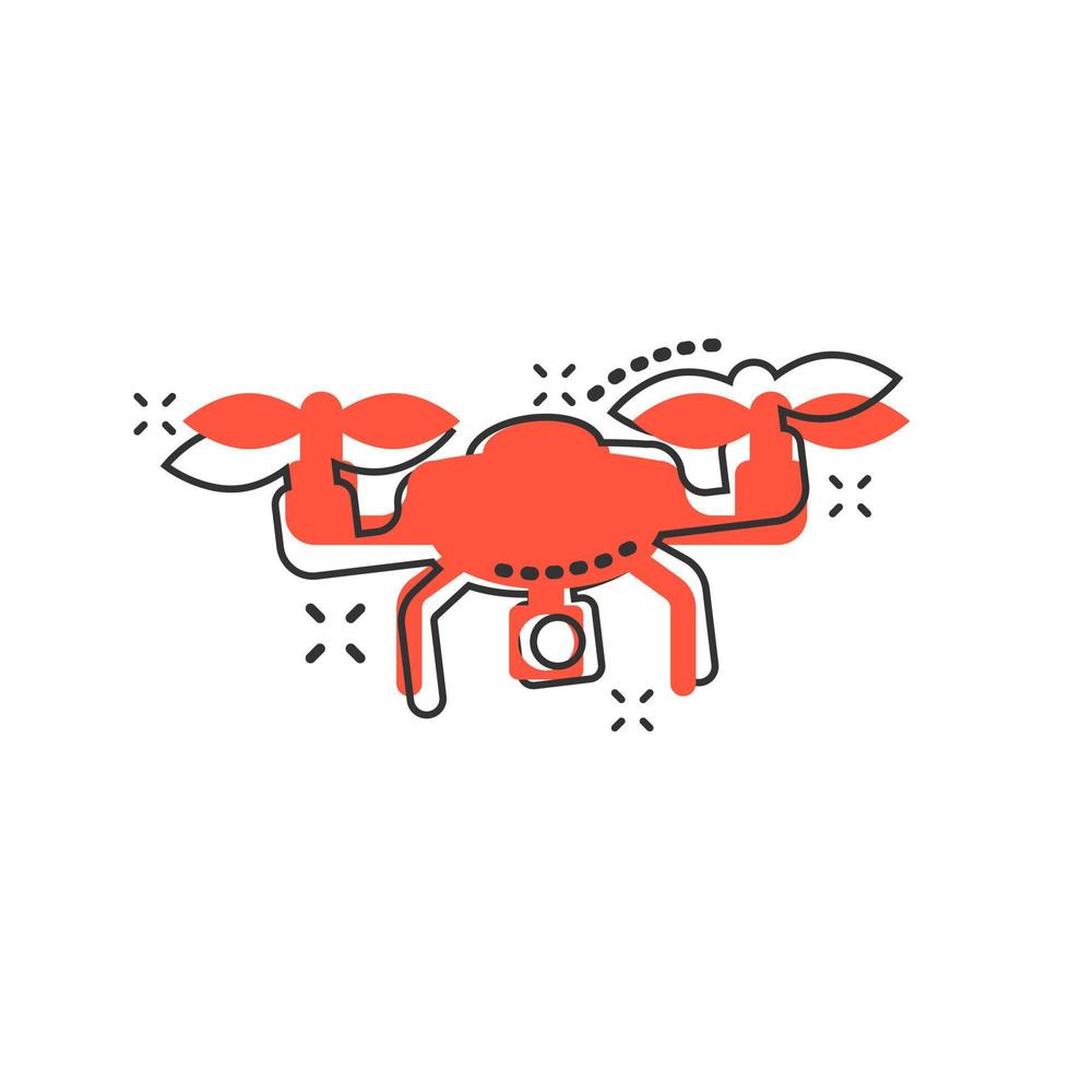 icône de drone quadrocopter dans le style comique. illustration de dessin animé de vecteur de caméra quadcopter sur fond blanc isolé. effet d'éclaboussure du concept d'entreprise de vol en hélicoptère.