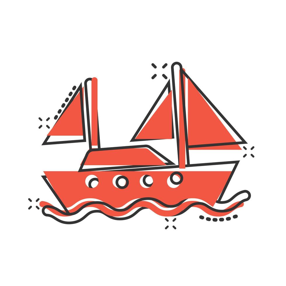 icône de bateau de tourisme dans le style comique. illustration de vecteur de dessin animé de bateau de pêche sur fond blanc isolé. concept d'entreprise d'effet d'éclaboussure de destination de pétrolier.