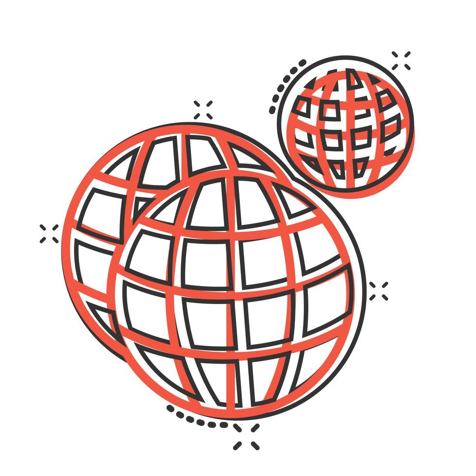 icône de la planète terre dans le style comique. illustration de vecteur de dessin animé géographique globe sur fond blanc isolé. concept d'entreprise d'effet d'éclaboussure de communication globale.