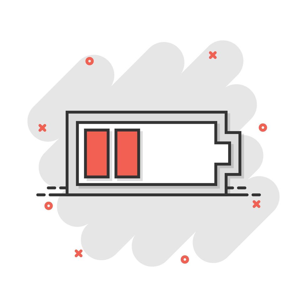 icône de signe d'indicateur de niveau de charge de batterie de dessin animé de vecteur dans le style comique. pictogramme d'illustration de signe de batterie. concept d'effet d'éclaboussure d'entreprise d'accumulateur.