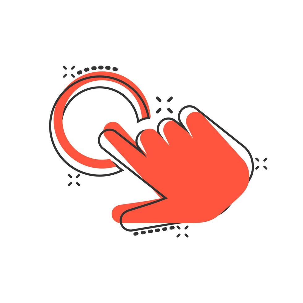 cliquez sur l'icône de la souris dans le style comique. illustration de dessin animé de vecteur de pointeur sur fond blanc isolé. bouton poussoir main effet splash concept d'entreprise.