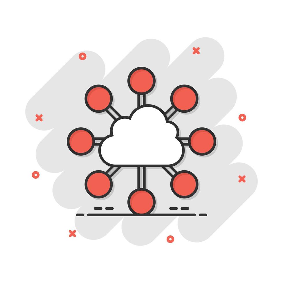 icône de technologie de cloud computing de dessin animé de vecteur dans le style comique. pictogramme d'illustration d'analyse infographique. concept d'effet d'éclaboussure d'entreprise de réseau.