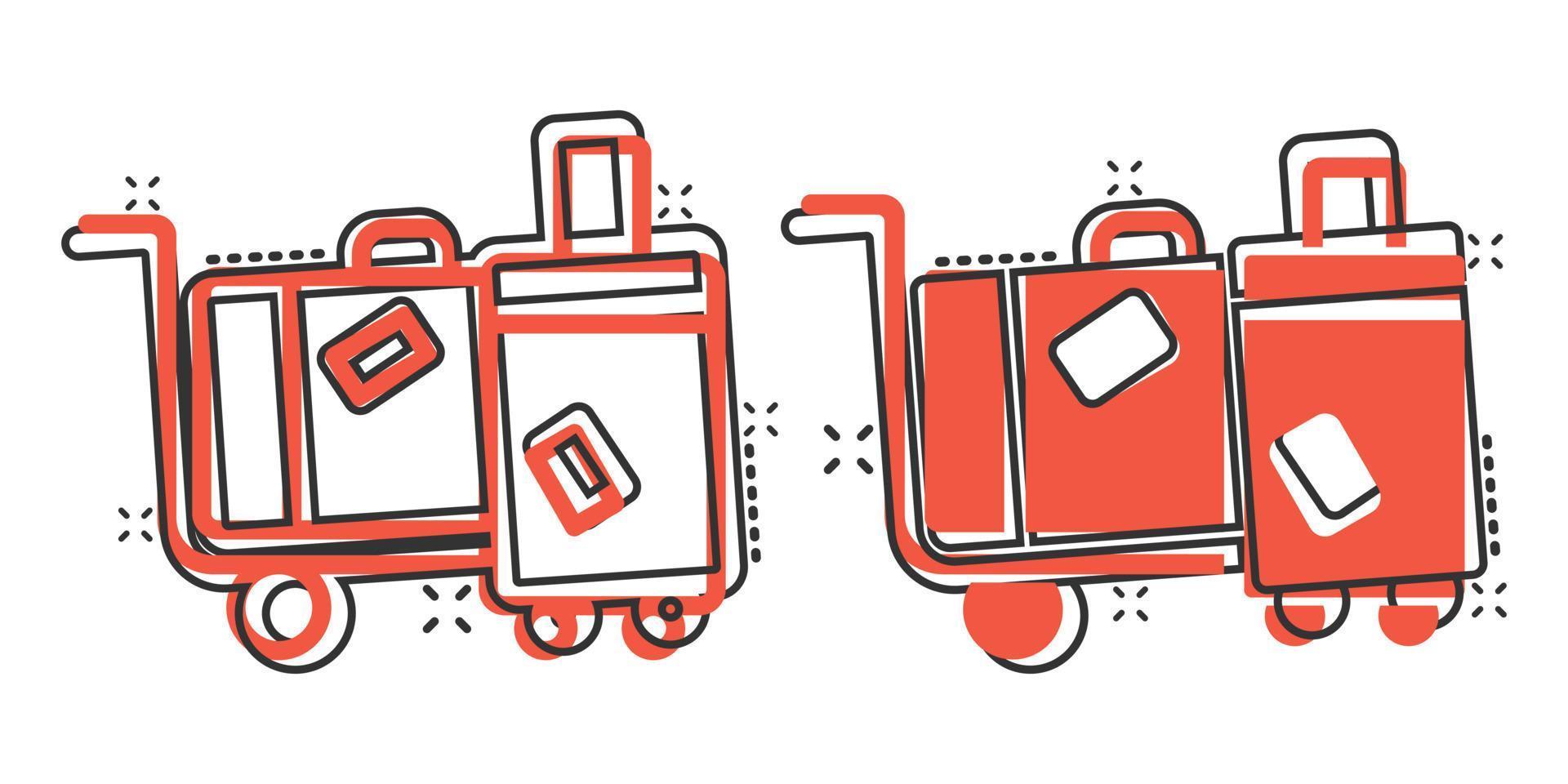 icône de sac de voyage dans le style comique. illustration vectorielle de dessin animé de bagages sur fond blanc isolé. concept d'entreprise d'effet d'éclaboussure de bagages. vecteur