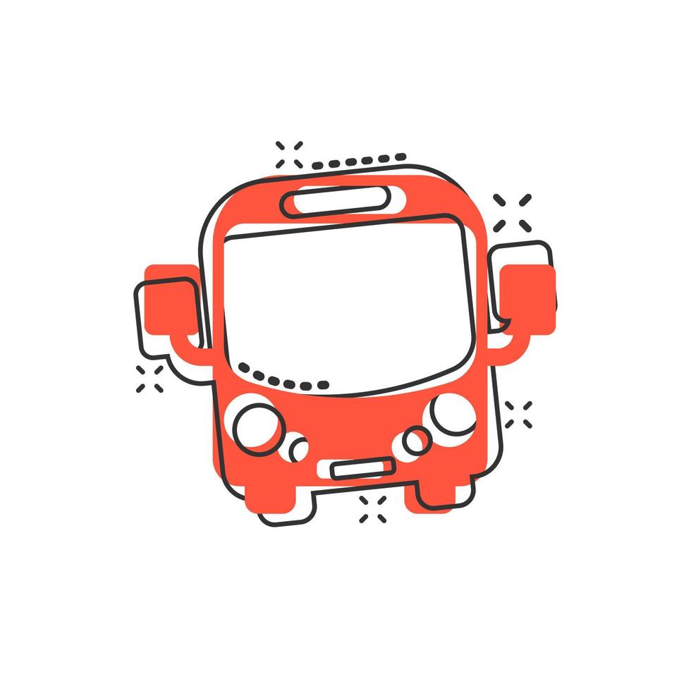 icône de bus scolaire dans le style comique. illustration de dessin animé de vecteur d'autobus sur fond blanc isolé. effet d'éclaboussure du concept d'entreprise de transport en autocar.