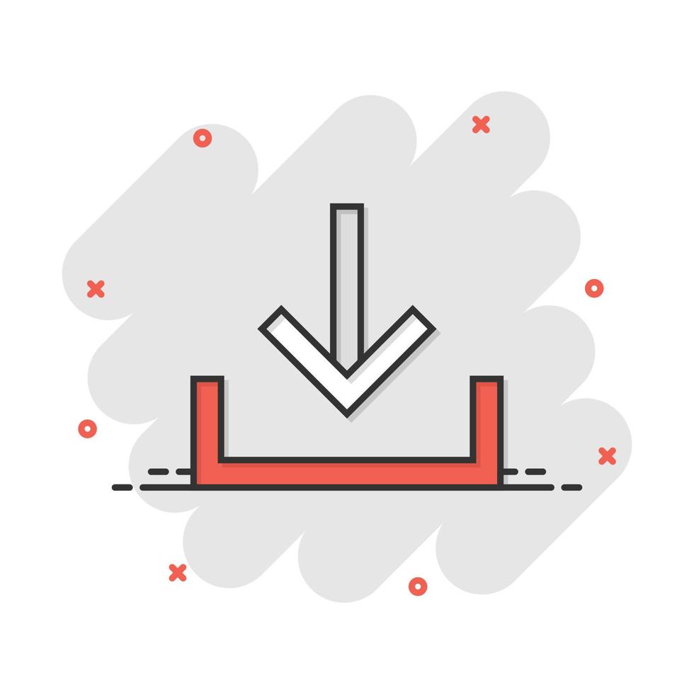 télécharger l'icône du fichier dans le style comique. flèche vers le bas téléchargeant le pictogramme d'illustration de dessin animé vectoriel. télécharger l'effet d'éclaboussure du concept d'entreprise. vecteur