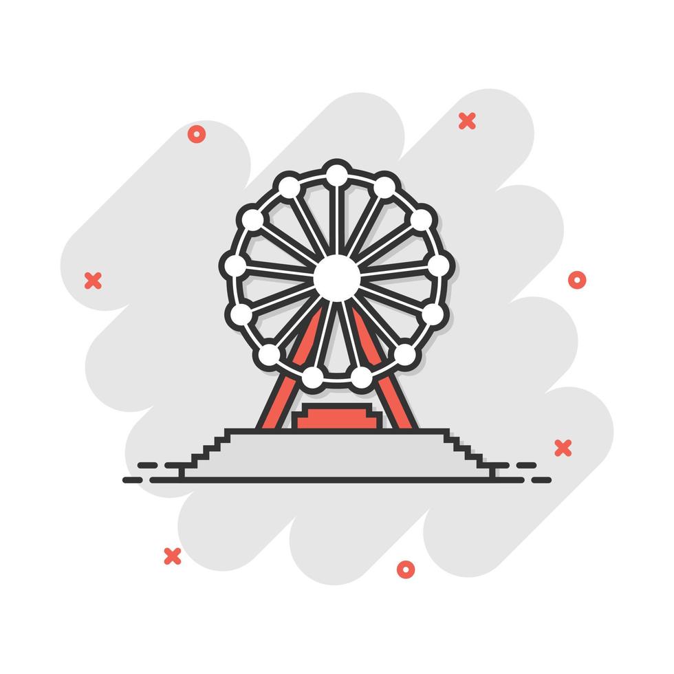 icône de grande roue de dessin animé de vecteur dans le style comique. carrousel dans le pictogramme d'illustration de signe de parc. concept d'effet d'éclaboussure d'entreprise de manège d'amusement.