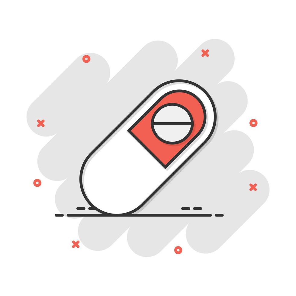 icône de tablette de pilules de capsule de dessin animé de vecteur dans le style comique. pictogramme d'illustration de concept de pilules médicales. concept d'effet d'éclaboussure de capsule et de drogue.