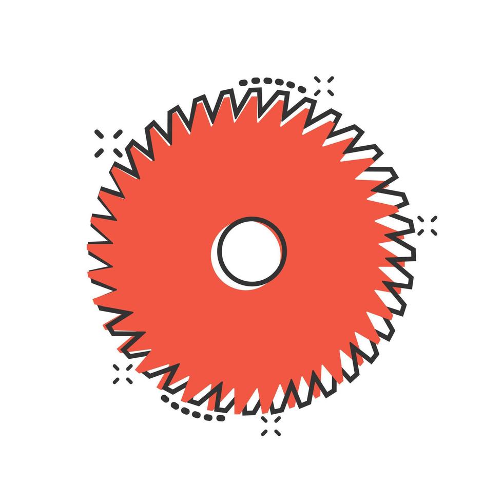 icône de lame de scie dans le style comique. illustration de vecteur de dessin animé de machine circulaire sur fond blanc isolé. concept d'entreprise d'effet d'éclaboussure de disque rotatif.