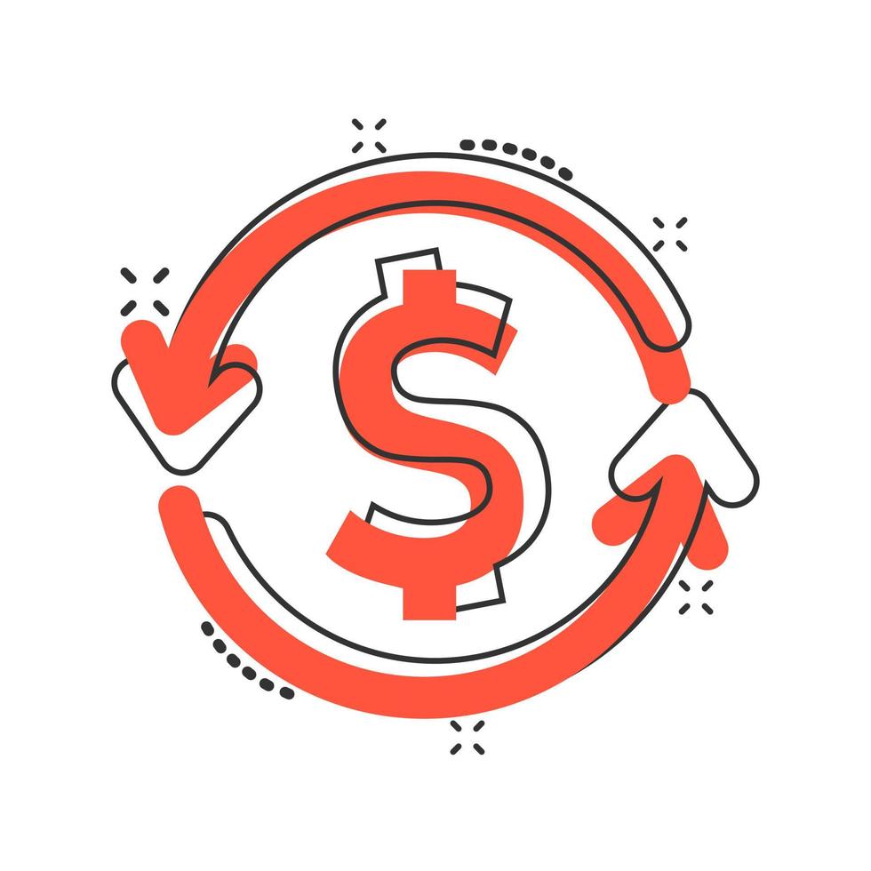 dollar d'argent de dessin animé de vecteur avec l'icône de flèche dans le style comique. pictogramme d'illustration de concept d'argent de taux de change. concept d'effet d'éclaboussure d'entreprise de stratégie financière.