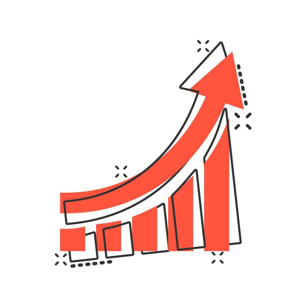 icône de graphique à barres croissante dans le style comique. augmenter le pictogramme d'illustration de dessin animé de vecteur de flèche. effet d'éclaboussure du concept d'entreprise de progrès infographique.