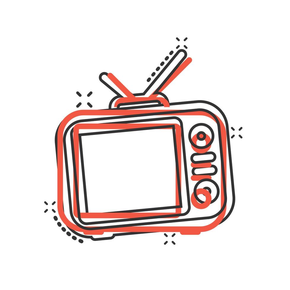 icône de télévision dans le style comique. illustration vectorielle de signe de dessin animé de télévision sur fond blanc isolé. concept d'entreprise d'effet d'éclaboussure de canal vidéo. vecteur