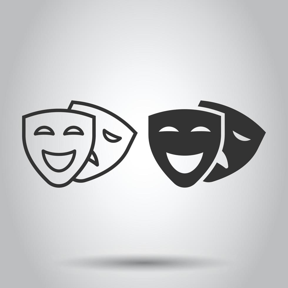 icône de masque de théâtre dans un style plat. illustration vectorielle comédie et tragédie sur fond blanc isolé. sourire visage concept d'entreprise. vecteur