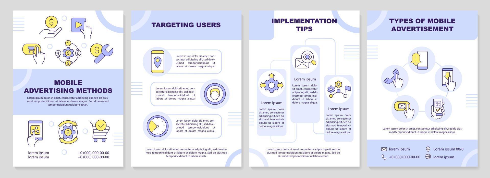 mobile La publicité violet brochure modèle. numérique méthodes. brochure conception avec linéaire Icônes. modifiable 4 vecteur mises en page pour présentation, annuel rapports