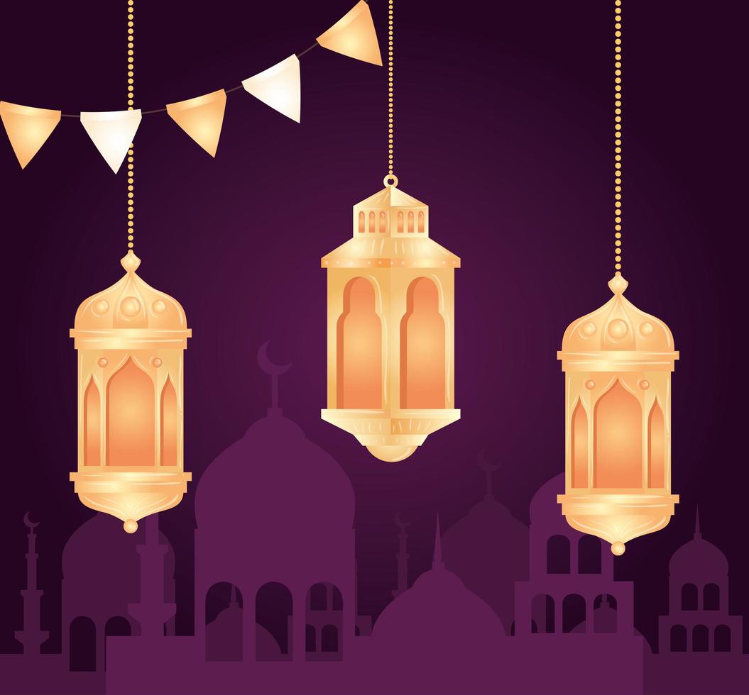 célébration eid al adha mubarak avec des lanternes suspendues vecteur