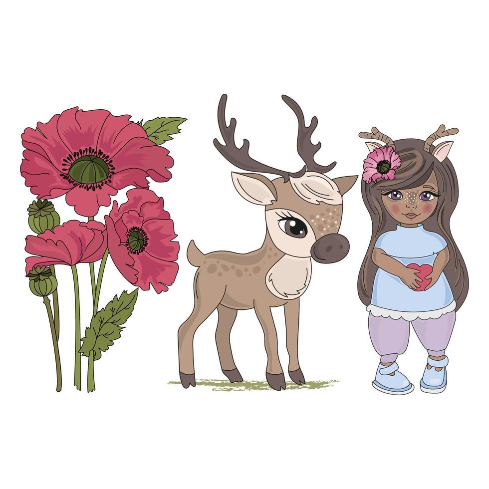 cerf fille dessin animé forêt animal vecteur illustration ensemble