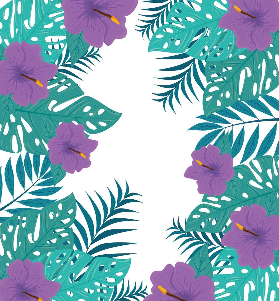 fond de feuillage tropical avec des feuilles vertes et des fleurs violettes vecteur