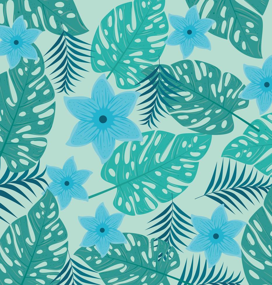 fond tropical avec des fleurs bleues et des feuilles vertes vecteur