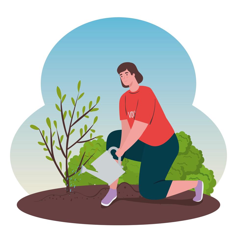 femme bénévole plantant un arbre, concept de mode de vie écologie vecteur