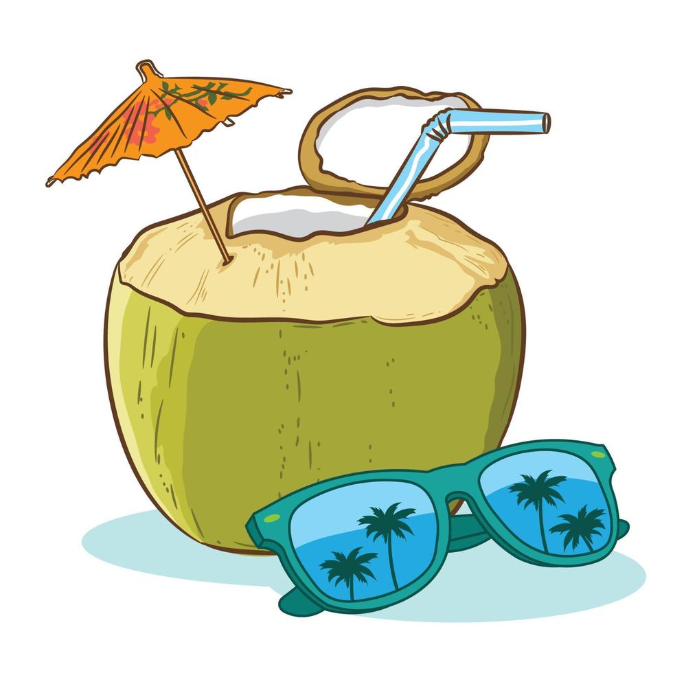 Jeune noix de coco boisson avec parapluie, fleur et froussard Soleil des lunettes vecteur illustration conception, parfait pour affiche et t chemise conception