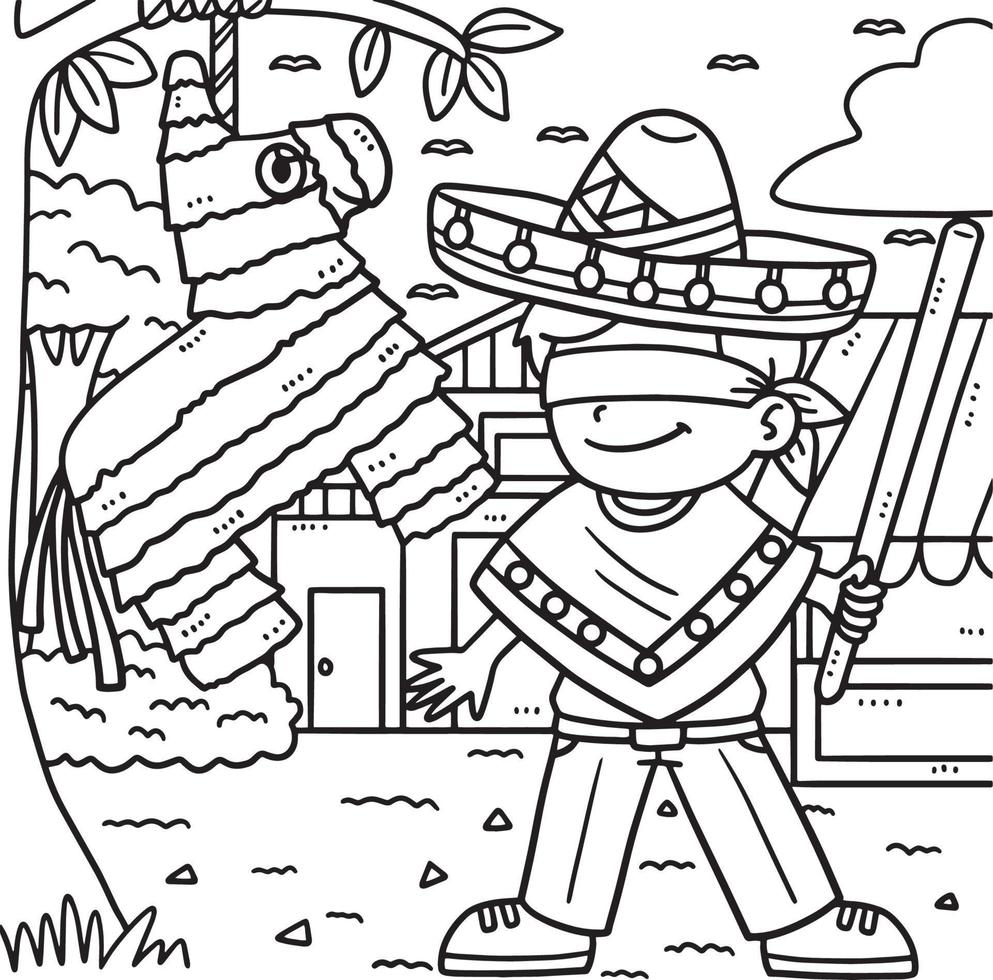 cinco de mayo garçon et pinata coloration page vecteur