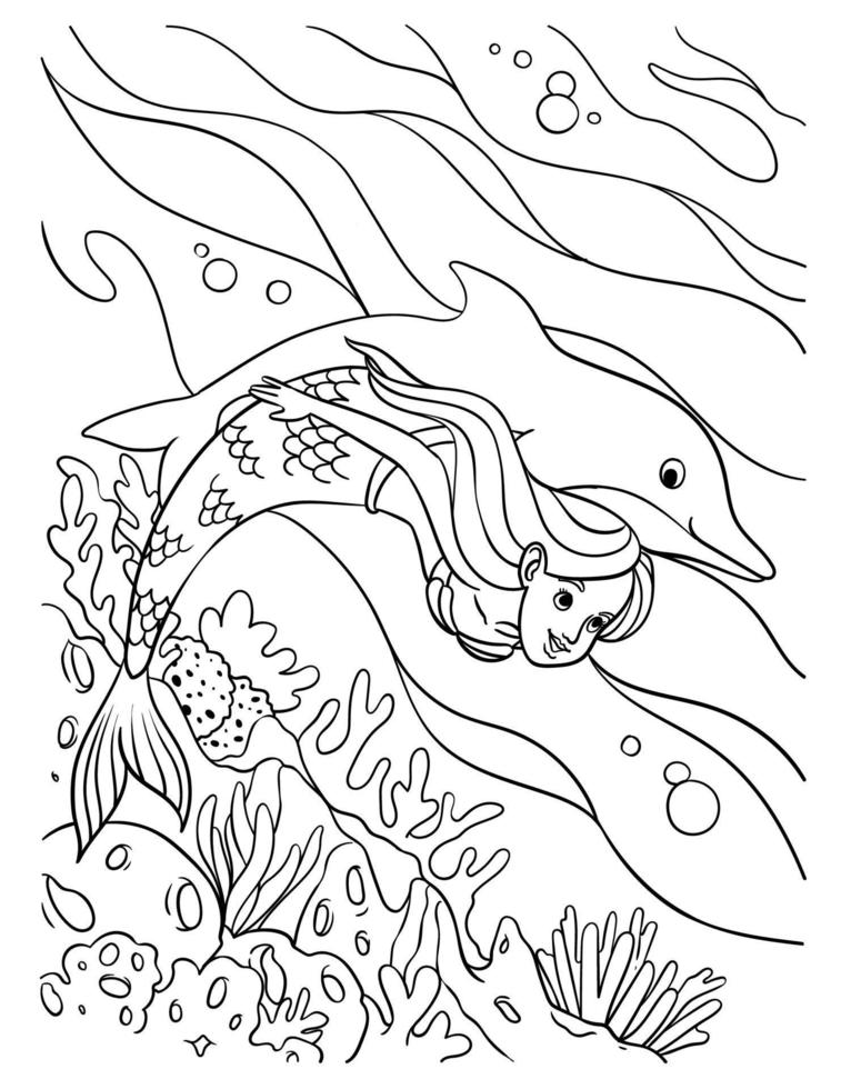Sirène et dauphin coloration page pour des gamins vecteur