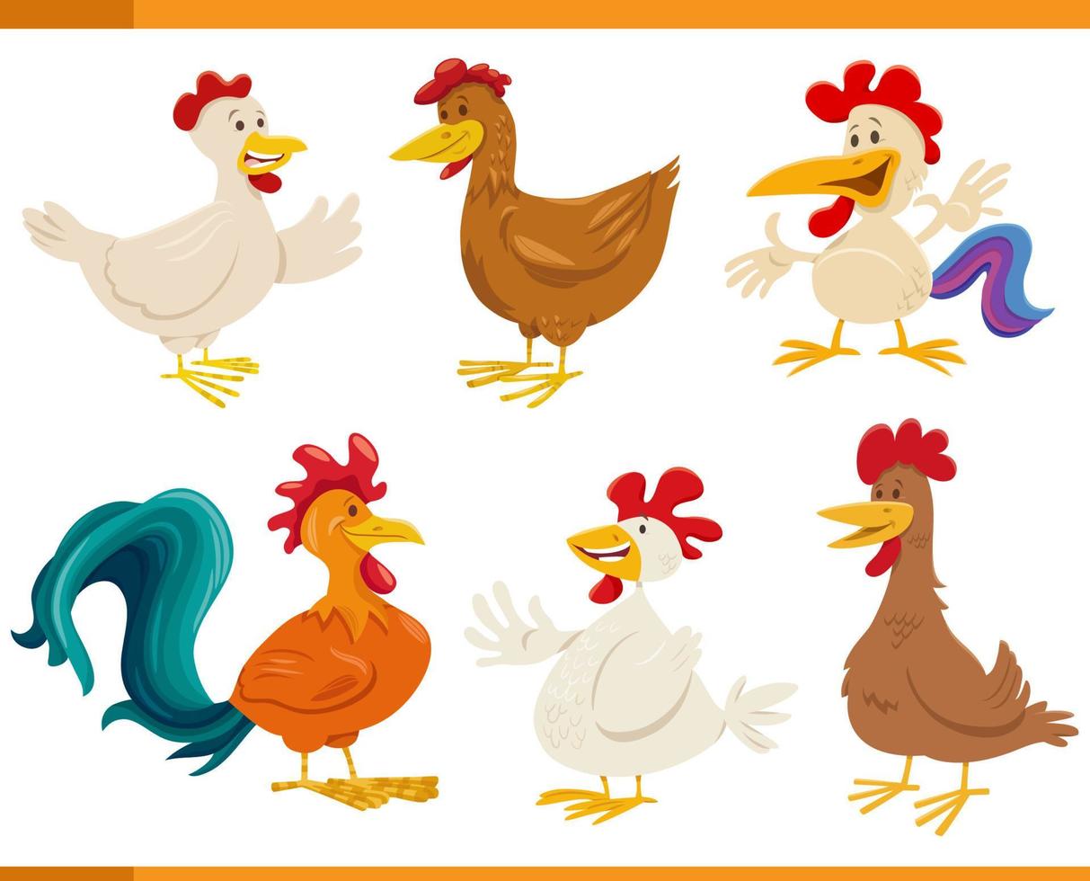 dessin animé content poulets ferme animal personnages ensemble vecteur